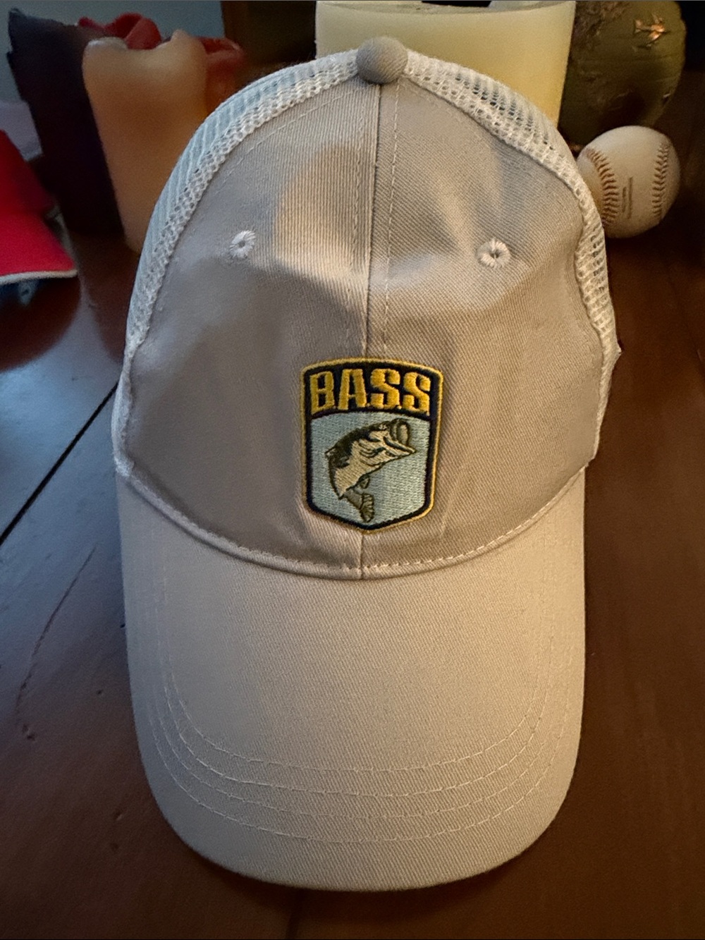 Bass Beige and White Mesh Trucker Hat with Fish Patch